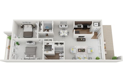 2 bedroom 2 bath floor plan an in 3d at Brook View Apts, Baltimore MD